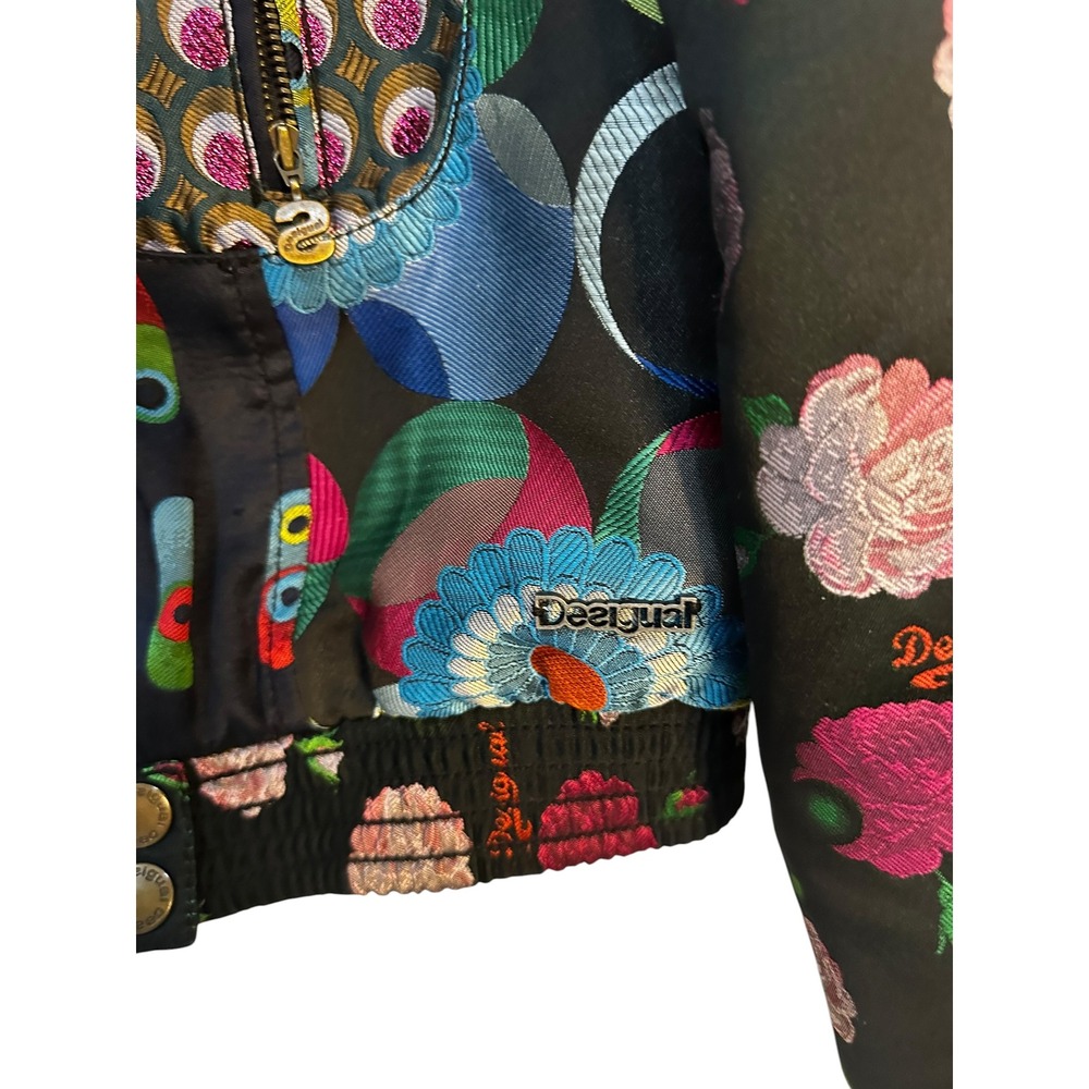 Desigual Jacket W. 40 Black Multi Color Floral Embroidered Moto Bomber Full Zip - Picture 3 of 13